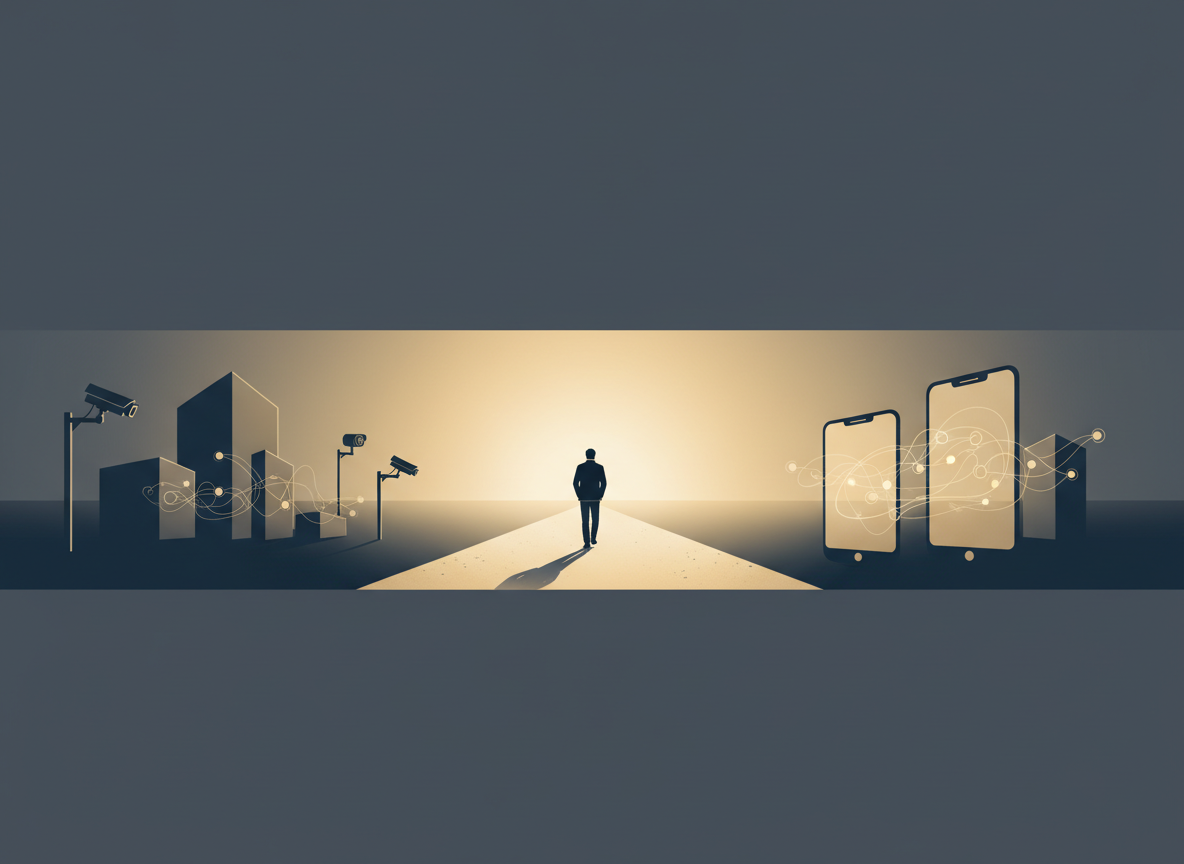 A person walks into an open landscape between symbols of government and commercial surveillance.
