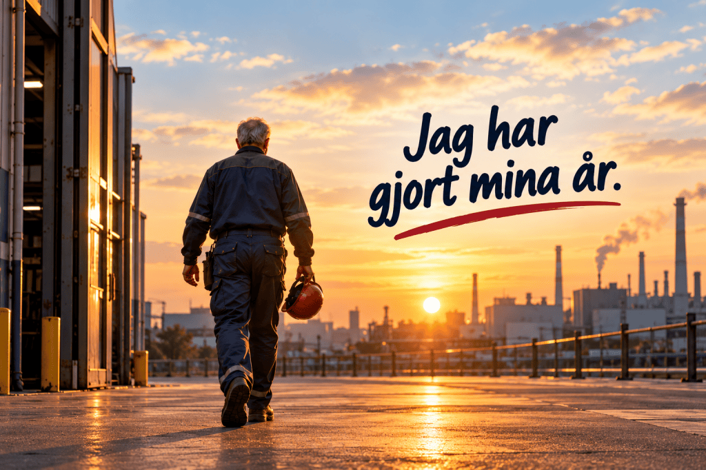 Äldre industriarbetare lämnar arbetsplatsen i solnedgång med texten Jag har gjort mina år.