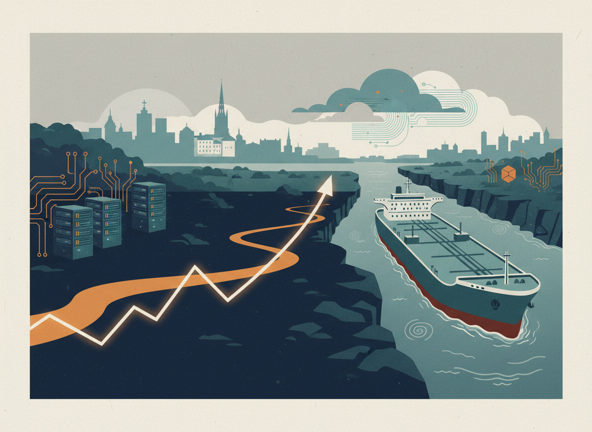 Ilustración de tipos de los bonos al alza, transporte de petróleo y centros de datos de IA en un entorno de mercado sobrio.