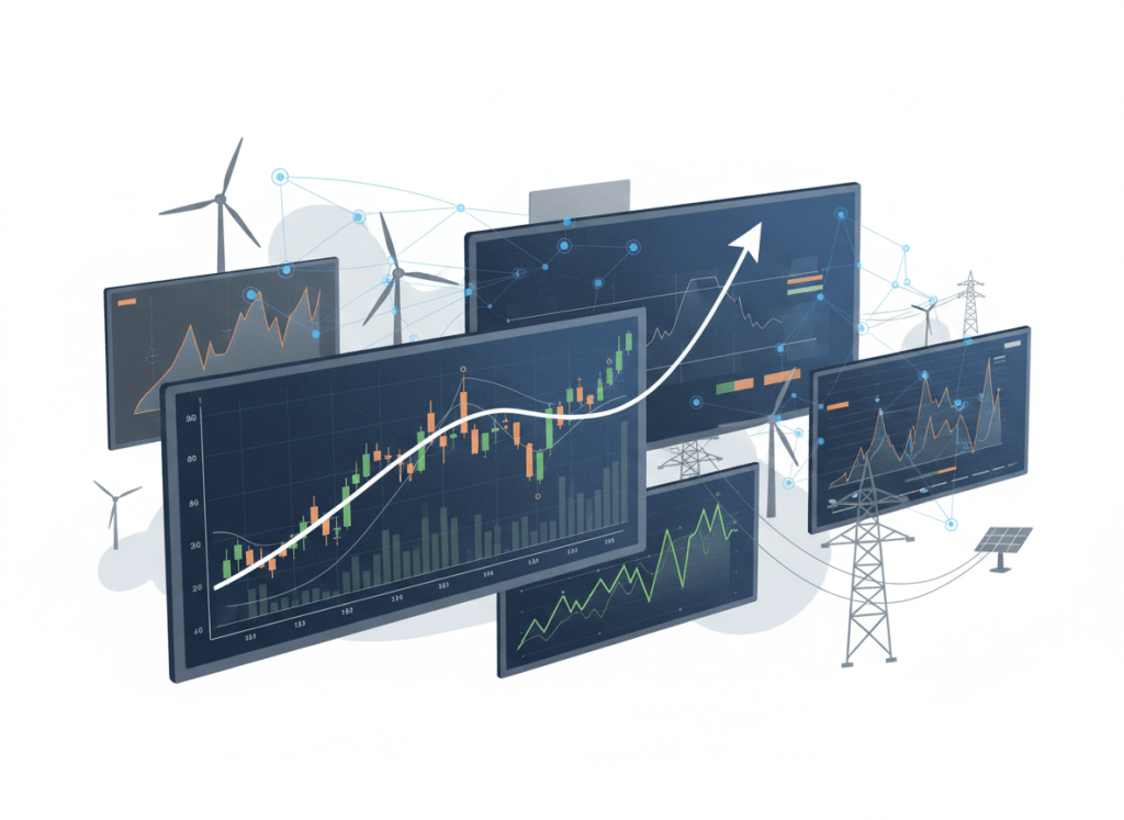 Illustration av stigande globala obligationsräntor, motståndskraftiga aktiemarknader, AI-agenter och europeisk energiinfrastruktur.