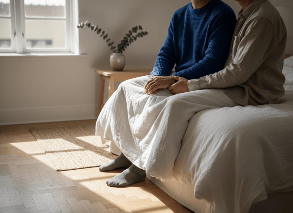 Två vuxna håller varandras händer på ett täcke i mjukt morgonljus.