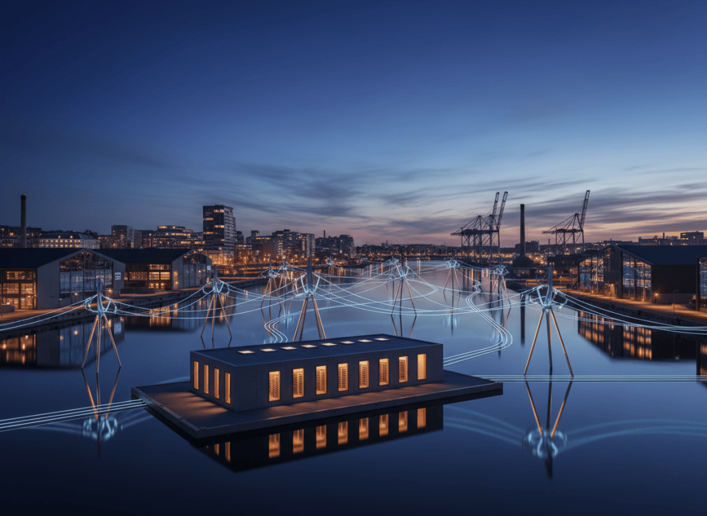 Industri, datacenter och elnät i ett nordiskt stadslandskap i skymning.