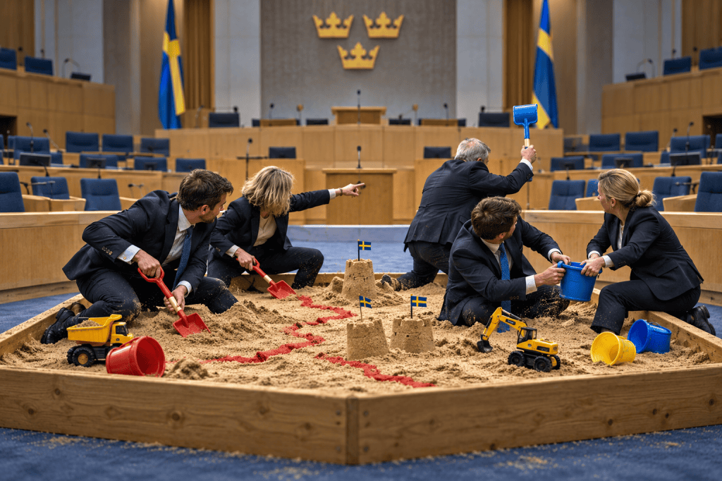 Satirisk illustration av kostymklädda politiker som bråkar i en sandlåda i riksdagens plenisal.