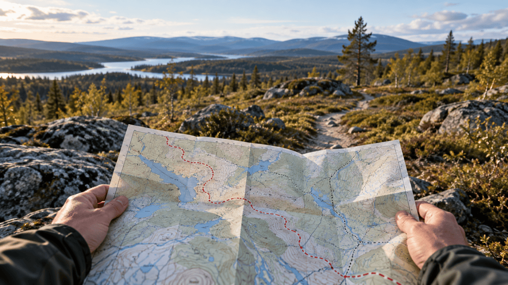 En karta hålls framför en stig i ett nordiskt skogs- och fjällandskap.