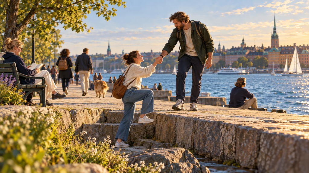 Människor vid en strandpromenad i Stockholm, där en person hjälper en annan uppför ett trappsteg.