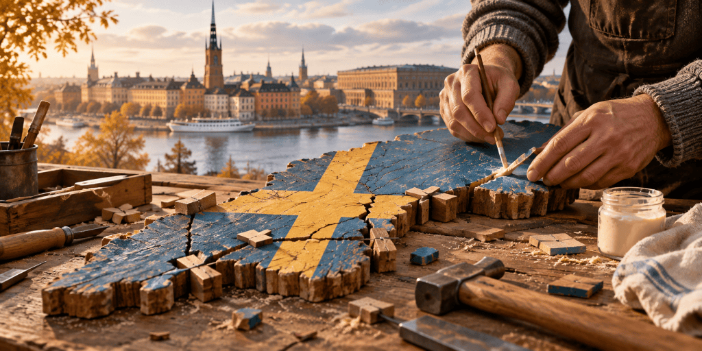 Händer lagar en sprucken trämodell av Sverige i blått och gult, med Stockholm i bakgrunden.