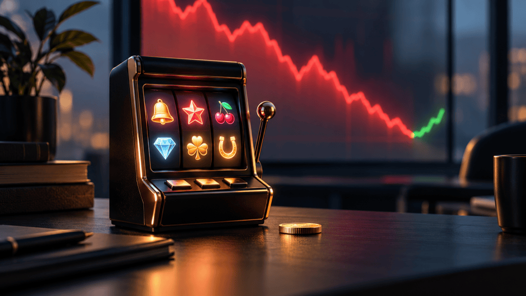 Illustration av en spelautomat och ett mynt framför en symbolisk fallande börskurva.