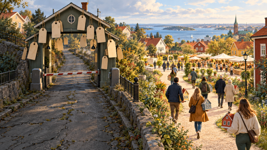 Illustration av en tom avgiftsbelagd port och bostadssäljare som väljer en öppen väg till en annan marknadsplats.