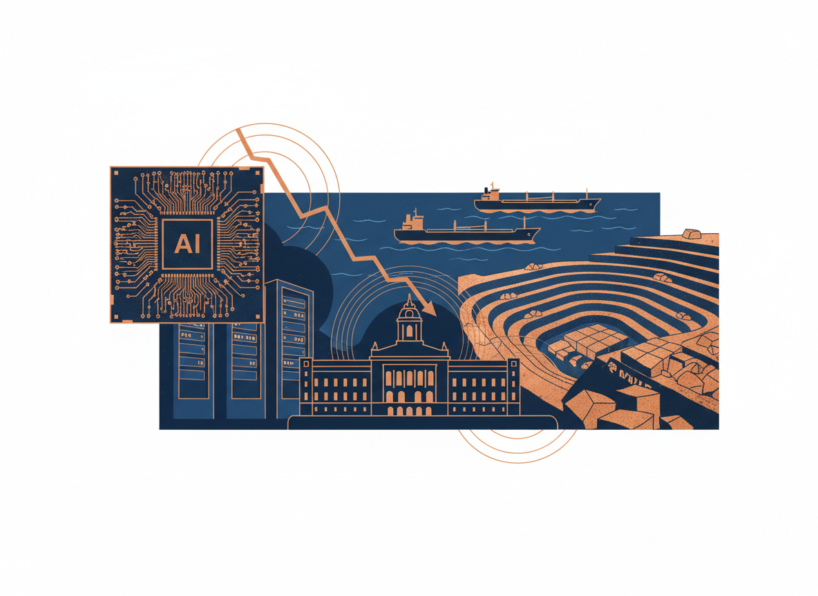 Ilustración editorial con un chip de IA, un petrolero, el Parlamento sueco y una mina de cobre para el resumen del 1 de octubre de 2026.