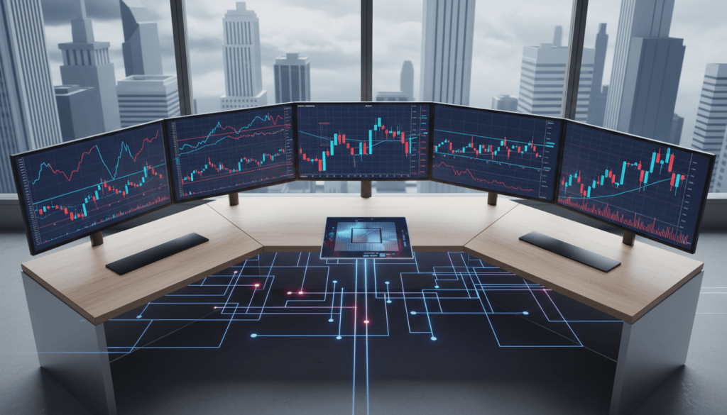 Marknadsgrafer, halvledare och bankbyggnader illustrerar dagens globala marknadsbriefing