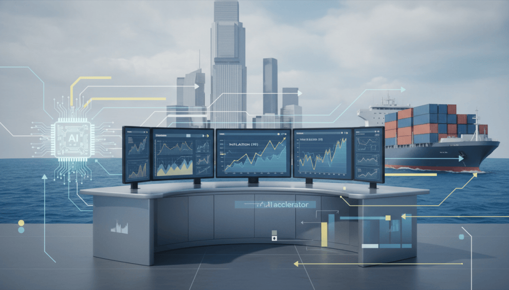 Inflationskurvor, banker, kinesisk handel och ett AI-chip illustrerar dagens marknadsbriefing