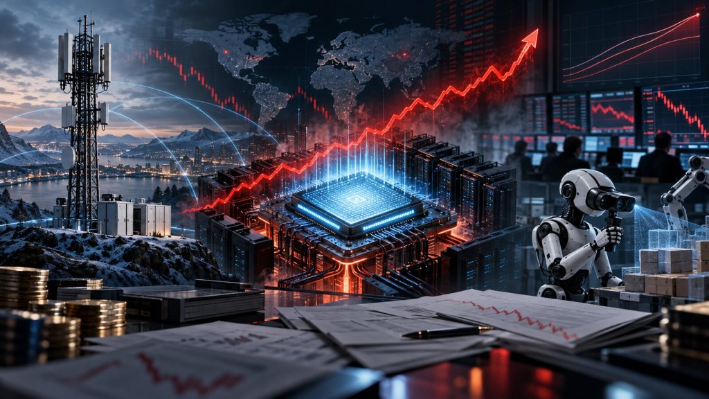 Globala börsskärmar, stigande inflation, AI-datacenter, 5G-nät och robotik illustrerar dagens marknadsbriefing