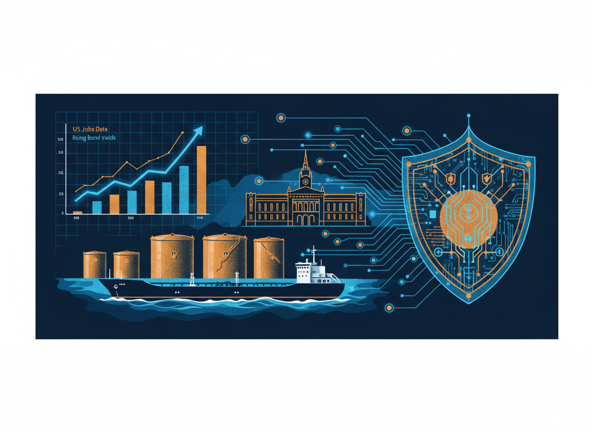 Ilustración editorial con datos de empleo de EE. UU., rendimientos de bonos, un petrolero, el Parlamento sueco, chips de IA y ciberseguridad para el resumen del 2 de octubre de 2026.