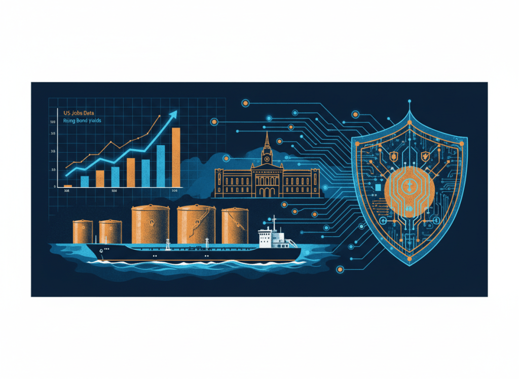 Redaktionell illustration med jobbrapport, obligationsräntor, oljetanker, Sveriges riksdag, AI-chip och cybersäkerhet för marknadsbriefingen den 2 oktober 2026.
