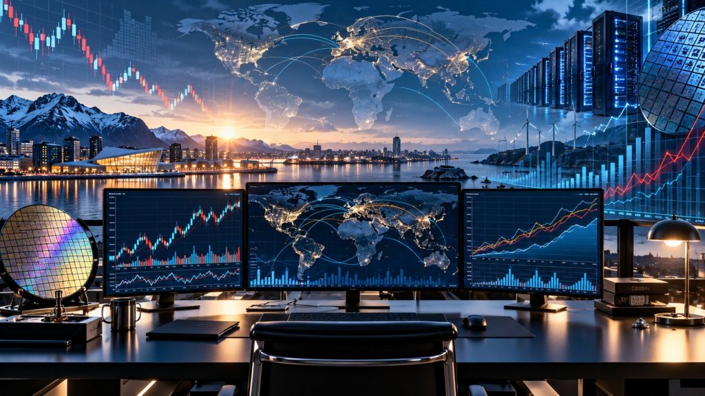Global marknadsöversikt med börskurvor, halvledare och AI-datacenter i nordiskt landskap