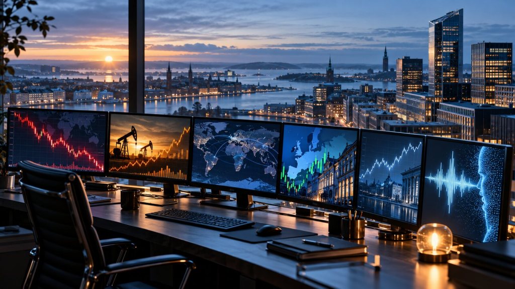 Nordic trading desk with falling technology charts, rising oil prices, European stocks and an AI voice waveform