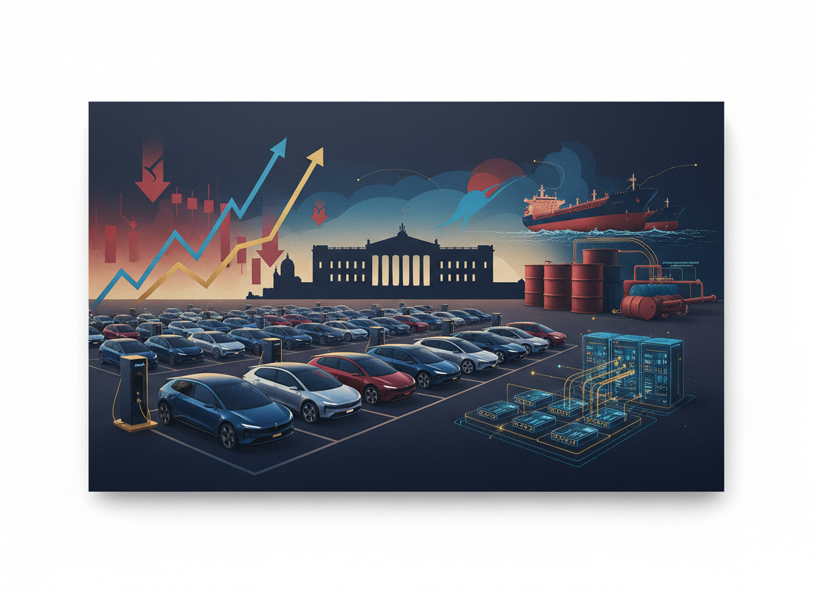 Editorial illustration with a stock rally, electric vehicles, Swedish parliament, emergency oil reserves and an AI data centre for the 3 October 2026 market briefing.