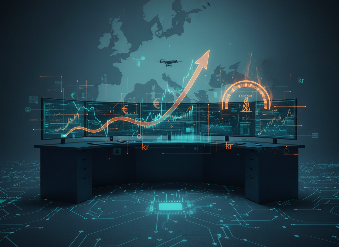 Market screen with a bond curve, oil gauge, euro and krona, AI circuitry and a drone silhouette over Europe.