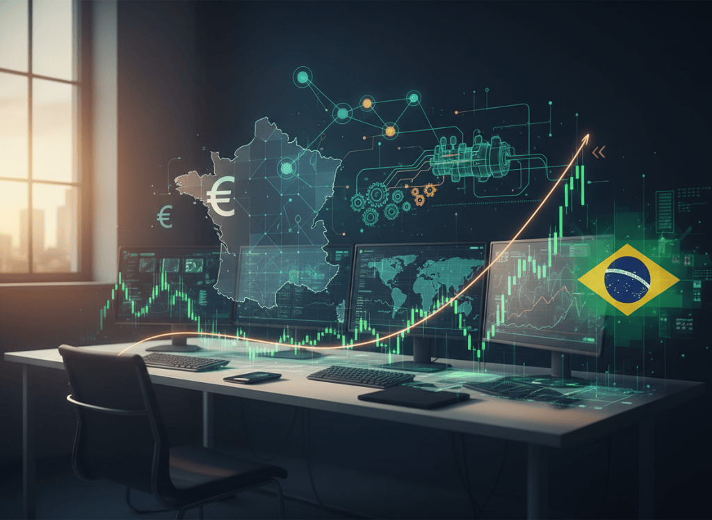Marknadsskärmar med börskurvor, euro- och Brasilienmotiv, industriell AI och automatiserade telekomnät.