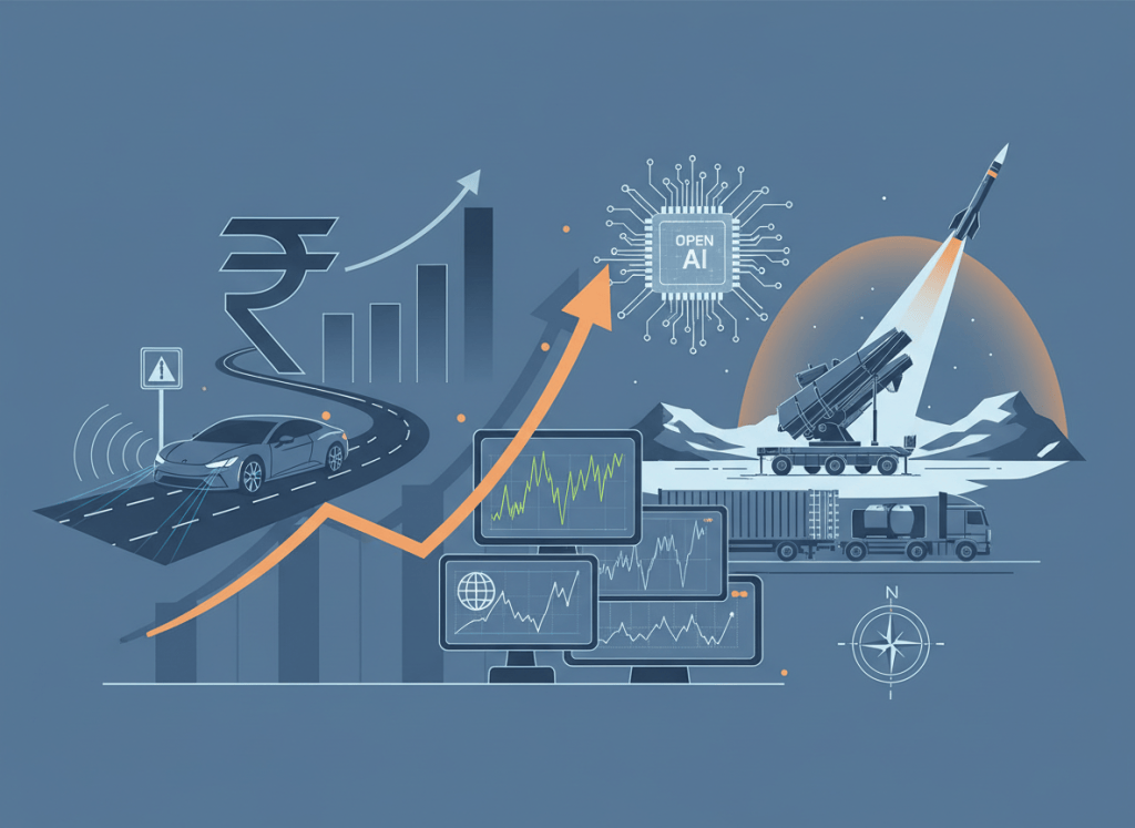 Ilustración del precio del petróleo, mercados, subida de tipos en India, conducción asistida europea, un chip de IA y defensa Patriot sueca.