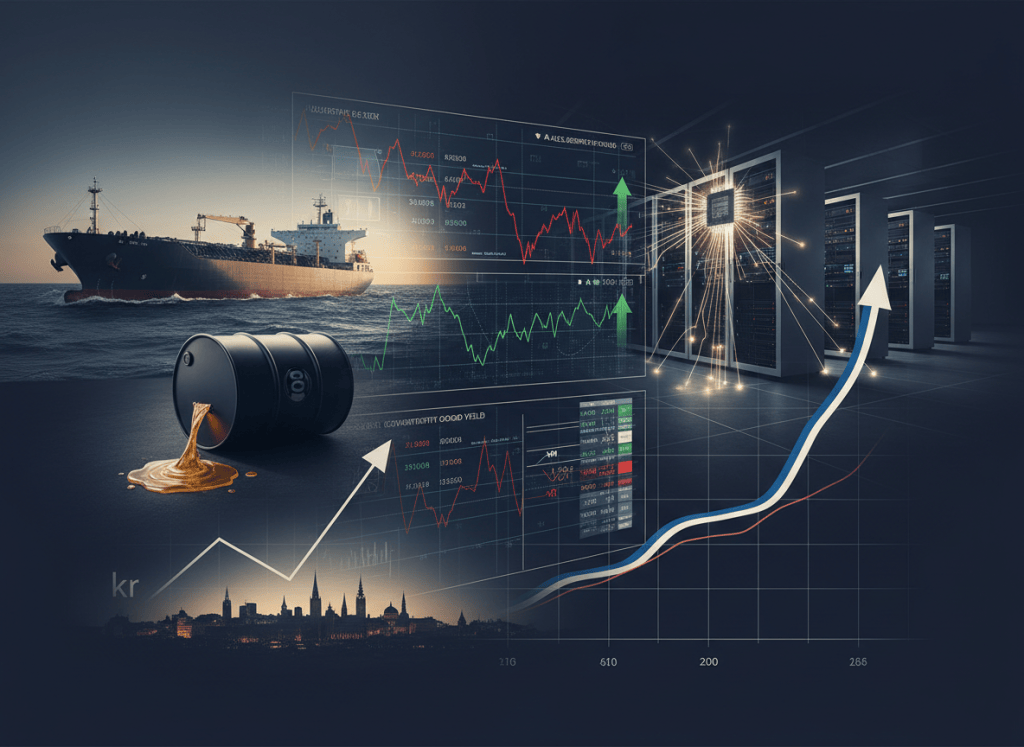 Illustration av marknadsskärmar, olja, stigande obligationsräntor, svensk krona, fransk skuldpress och sammankopplade AI-chip.