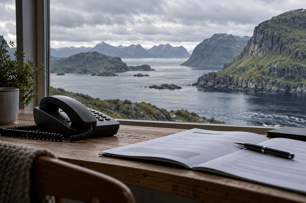 Telefon och finansiell rapport på ett skrivbord med utsikt över ett nordatlantiskt fjordlandskap.