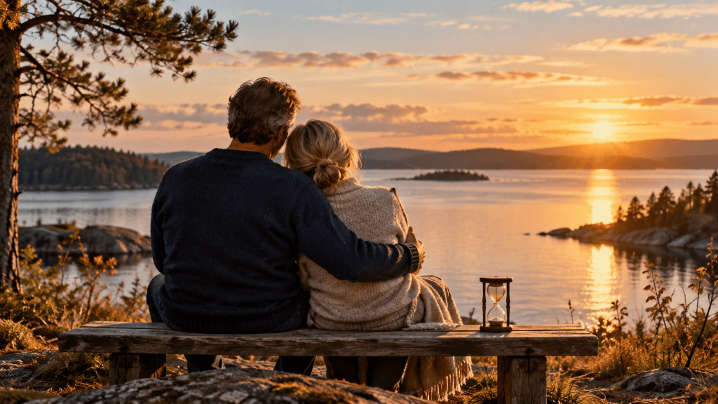 Ett par sitter tillsammans på en bänk vid en sjö i solnedgången. Ett timglas står bredvid dem.