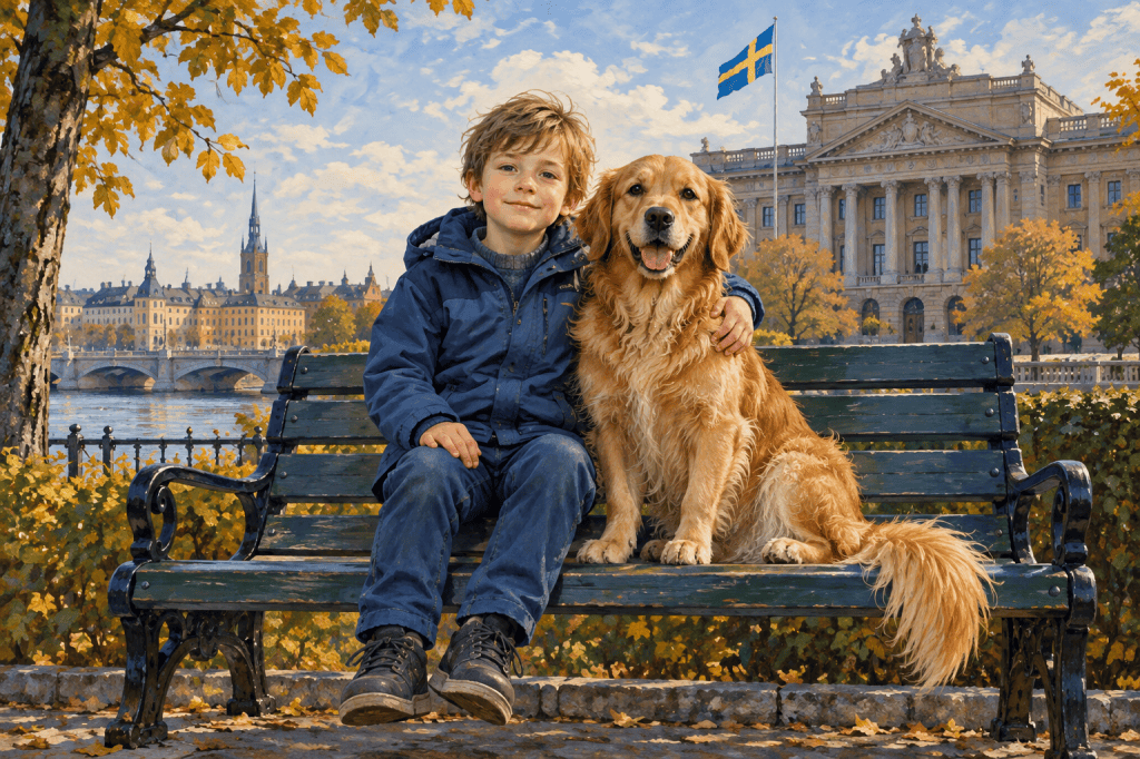 Illustration av en pojke och en hund med sin naturliga svans på en parkbänk framför en svensk offentlig byggnad.