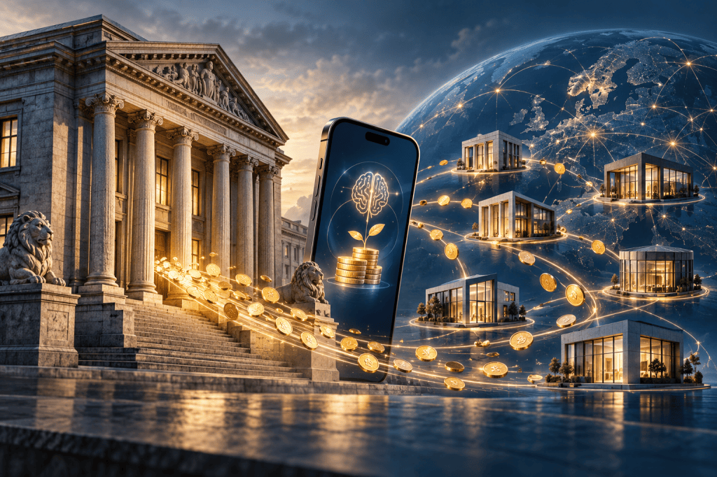 Traditionell bankbyggnad med mynt som strömmar mot en mobil och mindre banker i ett internationellt nätverk.