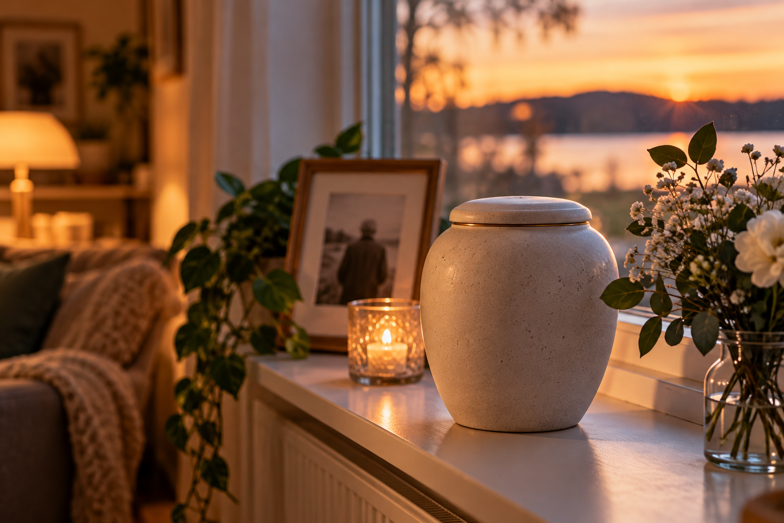 En urna på en fönsterbräda i ett varmt hem, bredvid blommor och ett tänt ljus.