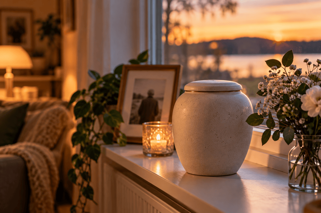En urna på en fönsterbräda i ett varmt hem, bredvid blommor och ett tänt ljus.